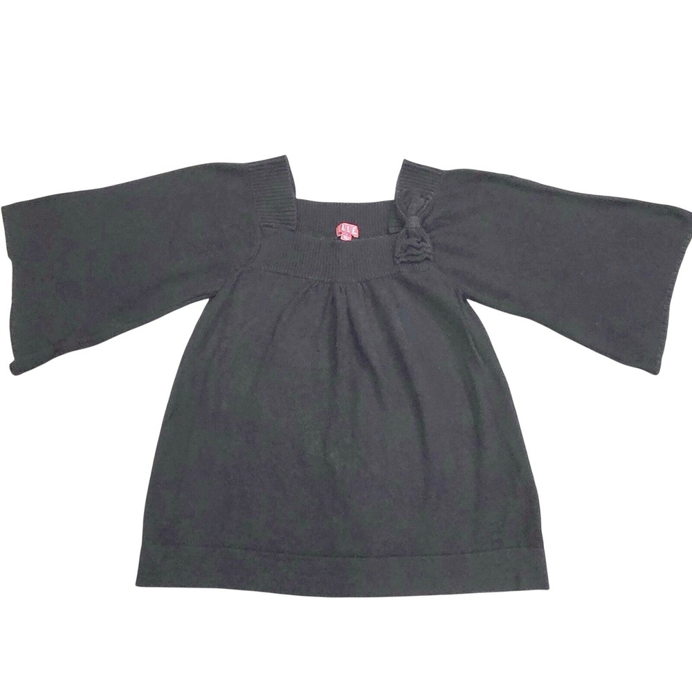 ELLE Women's Size L Black Square Neck Bell Sleeve Sweater Bow Detail‎